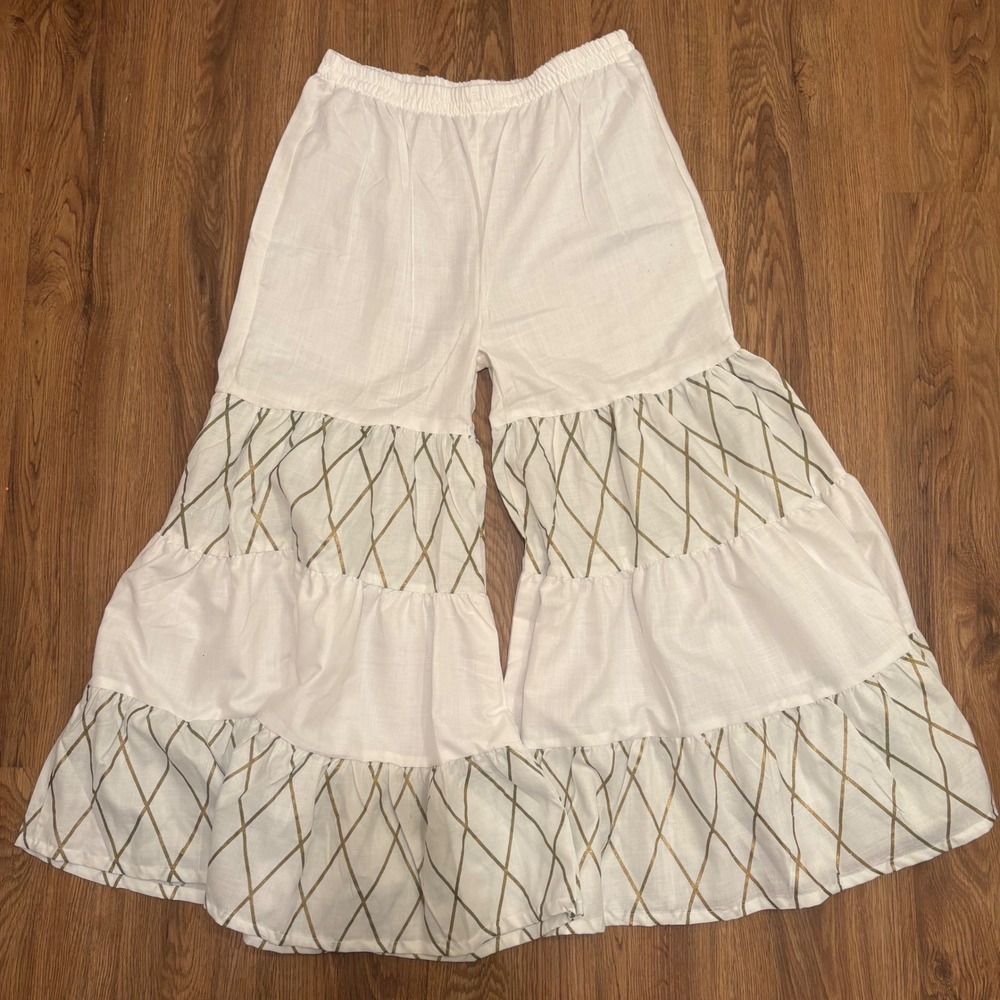 White Tiered Sharara Wide Leg Pants Metallic Gold Diamond Pattern Ruffle Boho L